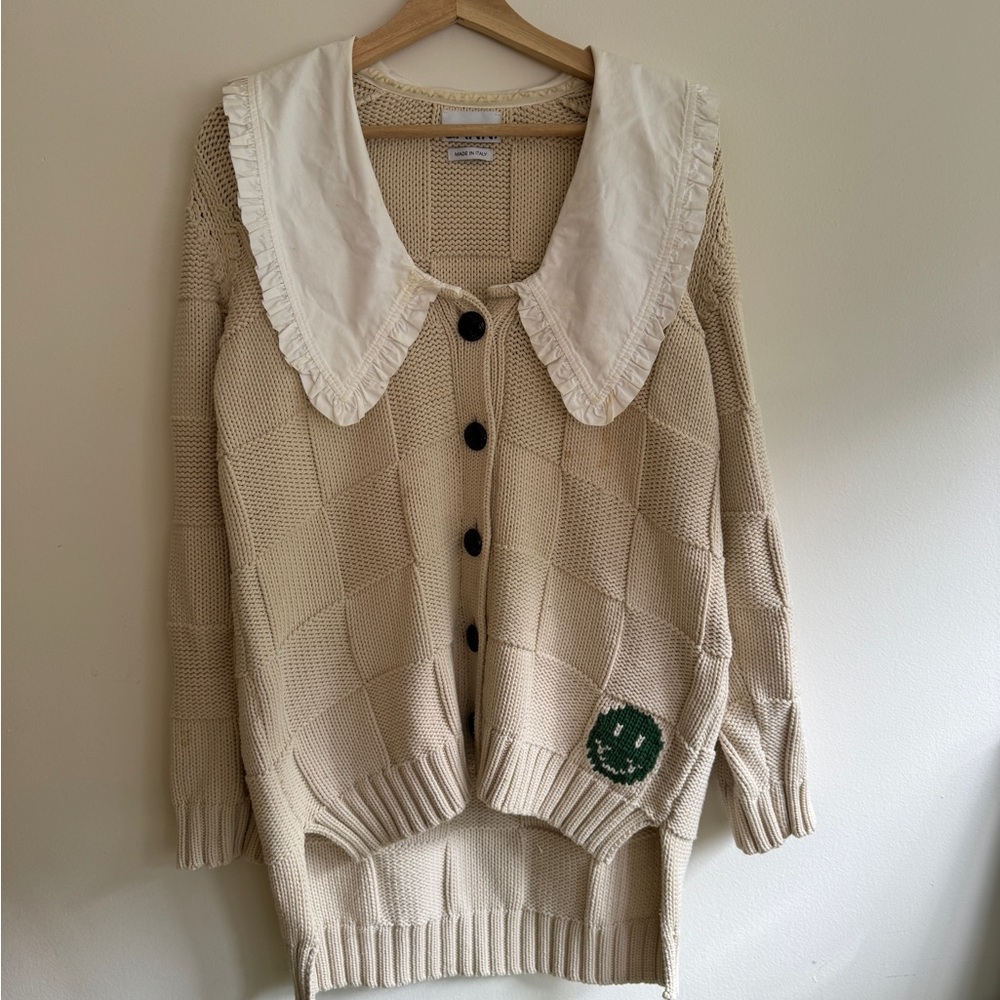 Ganni Cream Knit Cardigan with Peter Pan collar